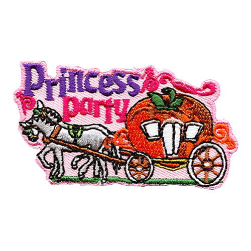 A pumpkin carriage is being pulled by two white horses. Princess Party is stitched above the horses.