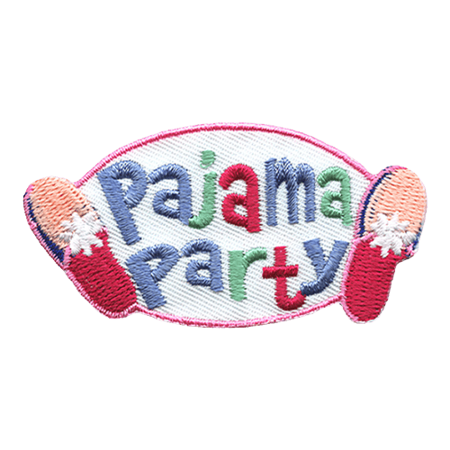 The words Pajama Party are stitched in green, red and blue thread in between two pink slippers.
