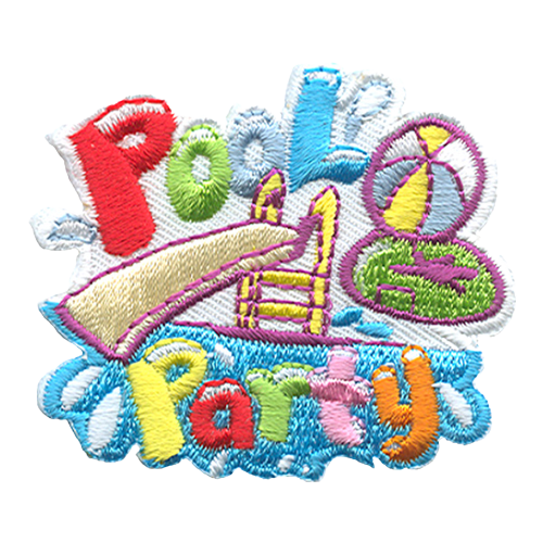 A water slide drops into a pool of water. An inner tube and beach ball sit on the side. The words Pool Party are embroidered in colourful letters.