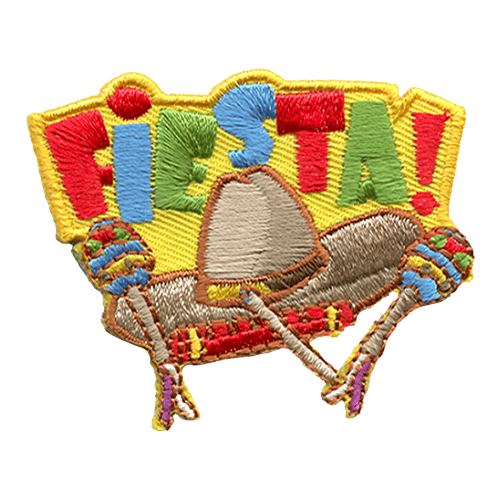 FIESTA! is stitched in green, red and blue thread above a sombrero and maracas. 