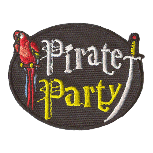 The words Pirate Party are flanked by a red parrot and a sabre.