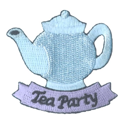 A blue teapot sits above a purple ribbon containing the text: Tea Party.