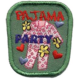 A full set of white pajamas with pink flowers stand upright in this patch. Flowers and hearts are strewn about and the words ''Pajama Party'' are embroidered on it.