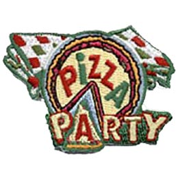 A pizza pie with a slice cut out is shown from a top down view. Next to the pizza are the traditional red, white, and green checkered napkins. The word ''Pizza'' forms an arch on the pizza itself and the word ''Party'' is embroidered underneath. The A letter in ''Party'' is on the slice of pizza cut out from the pie.