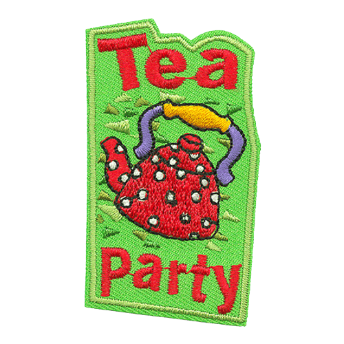 A red and white polka dot teapot sits between the words Tea Party against a green background