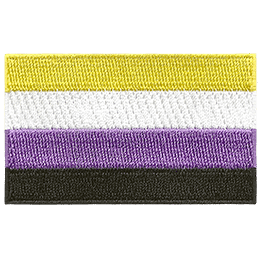 The nonbinary pride flag displays yellow, white, lavender, and black horizontal stripes.