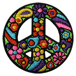This peace sign is decorated with a paisley pattern, complete with flowers and wild colours.