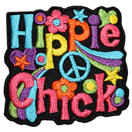 This crest displays the words Hippie Chick surrounded by signs of the retro era such as flowers, peace signs, stars, and hearts.
