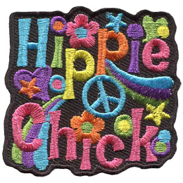 This crest displays the words Hippie Chick surrounded by signs of the retro era such as flowers, peace signs, stars, and hearts.