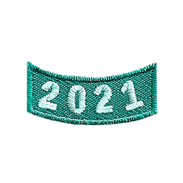 This 1.0 inch wide by 0.5 inch high green rocker curves upwards like a smile. The year 2021 is embroidered in a bold font.