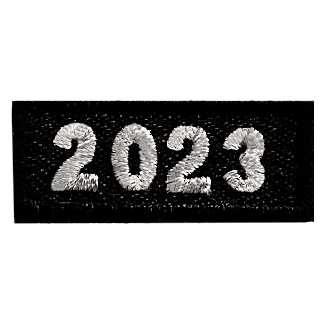 This 1-inch wide by 0.5-inches high rocker forms a straight-edged rectangle. The year 2023 is embroidered in a bold font.