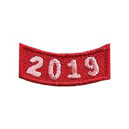 This 1.0 inch wide by 0.5 inch high red rocker curves upwards like a smile. The year number 2019 is embroidered in a bold font.