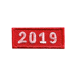 This 1.0 inch wide by 0.5 inch high rocker forms a straight-edged red rectangle. The year 2019 is embroidered in a bold font.