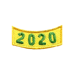 This 1.0 inch wide by 0.5 inch high yellow rocker curves upwards like a smile. The year number 2020 is embroidered in a bold font.