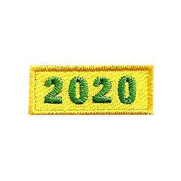 This 1.0 inch wide by 0.5 inch high rocker forms a straight-edged yellow rectangle. The year 2020 is embroidered in a bold font.