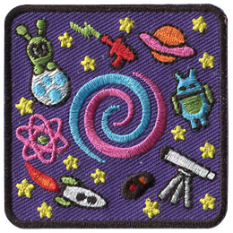 This square patch is filled with little images. An alien on a flying saucer is in the top left, a ray gun is at the top middle, Saturn is depicted in the top right, a little android-like alien is at the middle right, a telescope sits at the bottom right, a space shuttle at the bottom left, and a galaxy is in the middle right. A blue and pink swirl sits in the middle of the patch.
