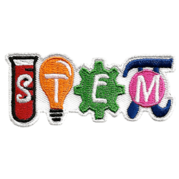 Each of the letters STEM are on a picture. S is on a thin beaker, the T is on a light bulb, E is on a gear, and M is on the pie symbol.