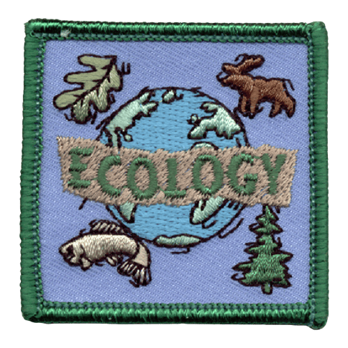 The word Ecology is on a brown banner over Earth. A fish, leaf, tree and moose are in the space on the outside.