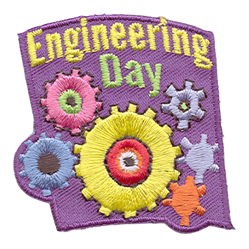This patch is full of different coloured gears. The words Engineering Day is written at the top of the crest.