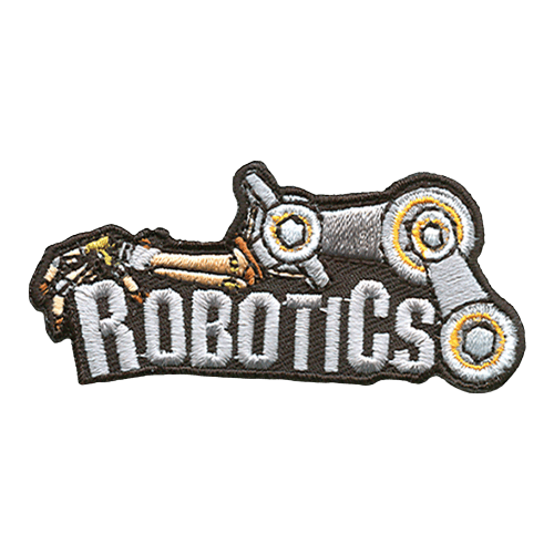 A mechanical robot arm is draped over the word Robotics so that the hand is resting on the R of the word.