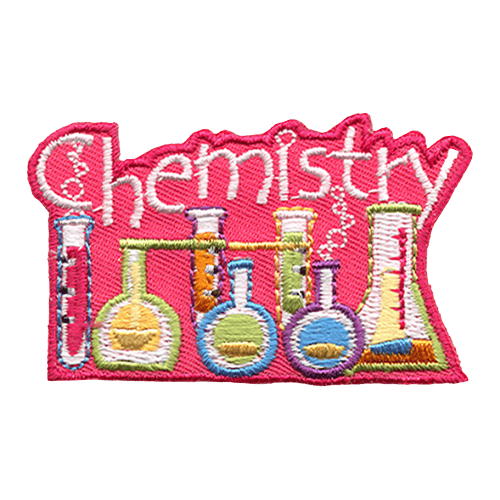 The word Chemistry is stitched at the top of this patch. Various beakers and test tubes are in a row at the bottom.