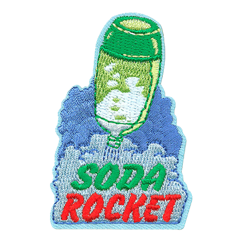 A green soda bottle filled with water is being propelled up as gas quickly pushes the water out. The water bubble mixture at the bottom of the crest has the words Soda Rocket.