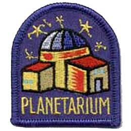 This purple crest displays a three room planetarium sitting under glittering stars.