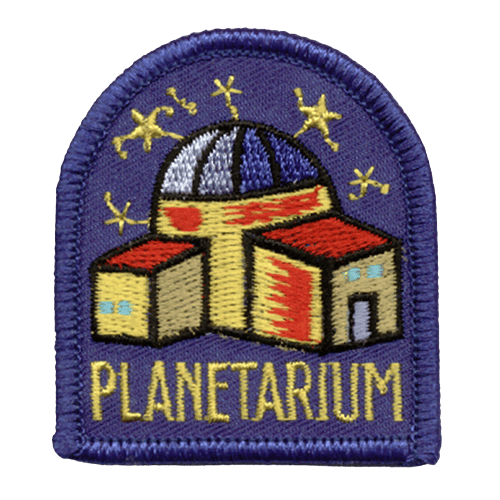 This purple crest displays a three-room planetarium sitting under glittering stars.