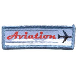 This thin, rectangular patch depicts an airplane zooming above the clouds and zipping by the word ''Aviation.''