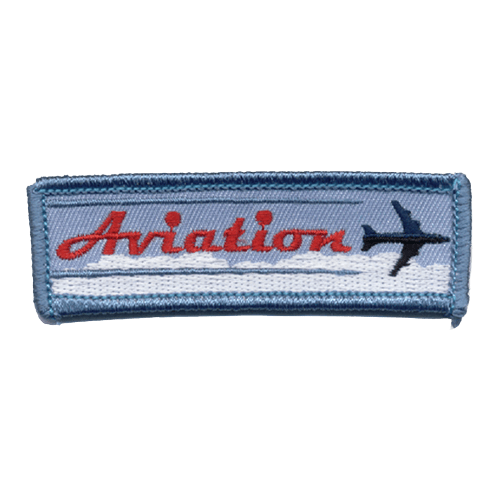 This thin, rectangular patch depicts an airplane zooming above the clouds and zipping by the word Aviation.