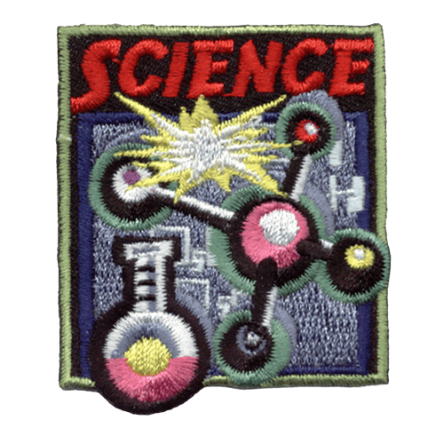 A molecule image dominates this patch. A measuring beaker rests to the left of the molecule and a spark of electricity sparks above the molecule. The word ''Science'' sits above everything on this square patch.