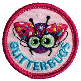A sparkling ladybug with cartoon eyes and multicoloured spots. The word Glitterbugs is across the bottom.