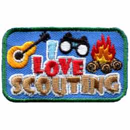 Love, Scouting, Camp, Fire, Binoculars, Guitar, Patch, Embroidered Patch, Merit Badge, Badge, Emblem, Iron On, Iron-On, Crest, Lapel Pin, Insignia, Girl Scouts, Boy Scouts, Girl Guides