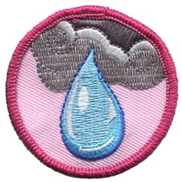 A raindrop falling from a grey cloud on a pink background.