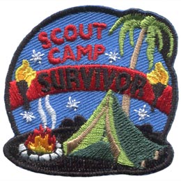 The words Scout Camp Survivor are above a green tent, a fire and a palm tree.
