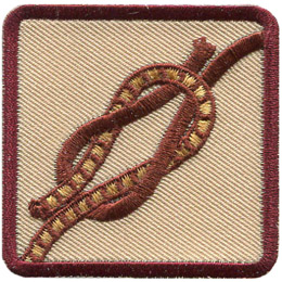 This square badge displays step three on how to make a square knot. Now just tighten the knot, and you're done.