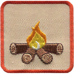 This square badge is part one of a three-part collection that displays a growing campfire. A small yellow flame burns on top of logs in this orange-bordered patch.
