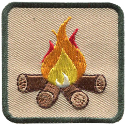 This square badge is part one of a three-part collection that displays a growing campfire. A medium yellow-orange flame burns on top of logs in this green-bordered patch.