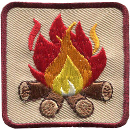 A campfire made out of red, orange and yellow flames and four logs.
