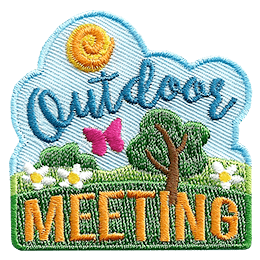 A summer day with a bush, a tree, and a butterfly below. The text Outdoor Meeting frames the top and bottom.