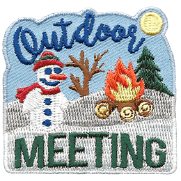 A snowman sits on a winter covered hillside next to a roaring campfire. The text 'Outdoor' is written in the blue sky above the snowman and 'Meeting' is below him.