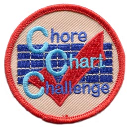 A red checkmark on top of a chart of blue rectangles. The words Chore Chart Challenge are on top of both.