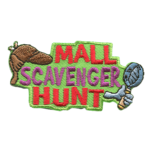 The words Mall Scavenger Hunt make up this patch. A detective hat sits on the left side. A magnifying glass is on the right.