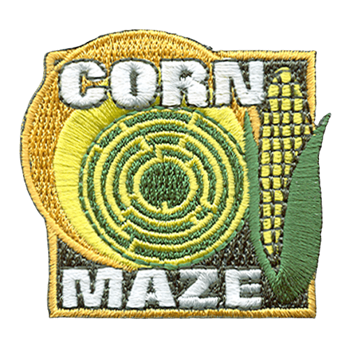 A corn maze next to an ear of corn with the words Corn Maze at the top and bottom.