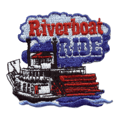 The words Riverboat Ride rest in a cloud of exhaust made by a red and white riverboat below.