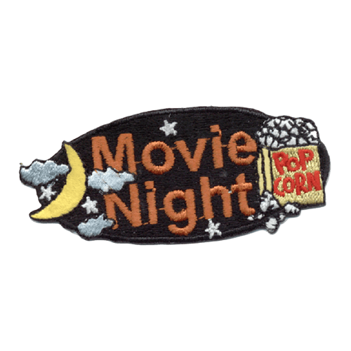 A black oval background showcases the big orange words ''Movie Night.'' Off to the right rests a overflowing bag of popped popcorn and to the left is a crescent moon surrounded by stars and clouds.