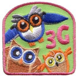 Owls, Third, 3rd, Generation, Branch, Leaf, Mother, Grandmother, Daughter, Patch, Embroidered Patch, Merit Badge, Badge, Emblem, Iron On, Iron-On, Crest, Lapel Pin, Insignia, Girl Scouts, Boy Scouts,