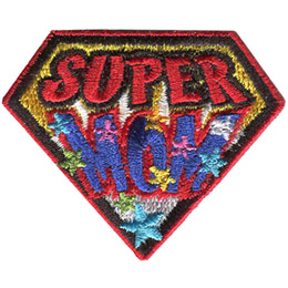 A gold, diamond-shaped patch has the words Super Mom on it. The word Mom is decorated with multicoloured stars.