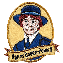 Agnes Baden-Powell inside a vertical oval with a banner that says Agnes Baden-Powell