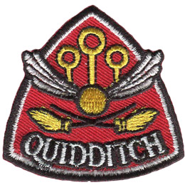 The snitch flies in between three Quidditch goals and two brooms. The word Quidditch is at the bottom.